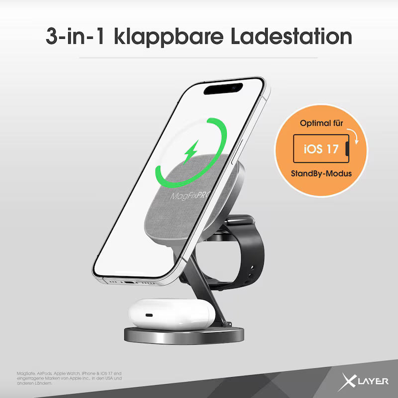 XLAYER MagFix Pro 3 in 1 Induktive Ladestation grau, 15 Watt
