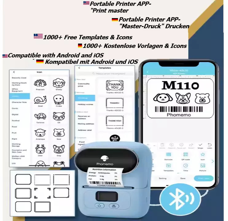 Phomemo M110 Bluetooth Etikettendrucker für iPhone und Android-Handys, tragbarer
